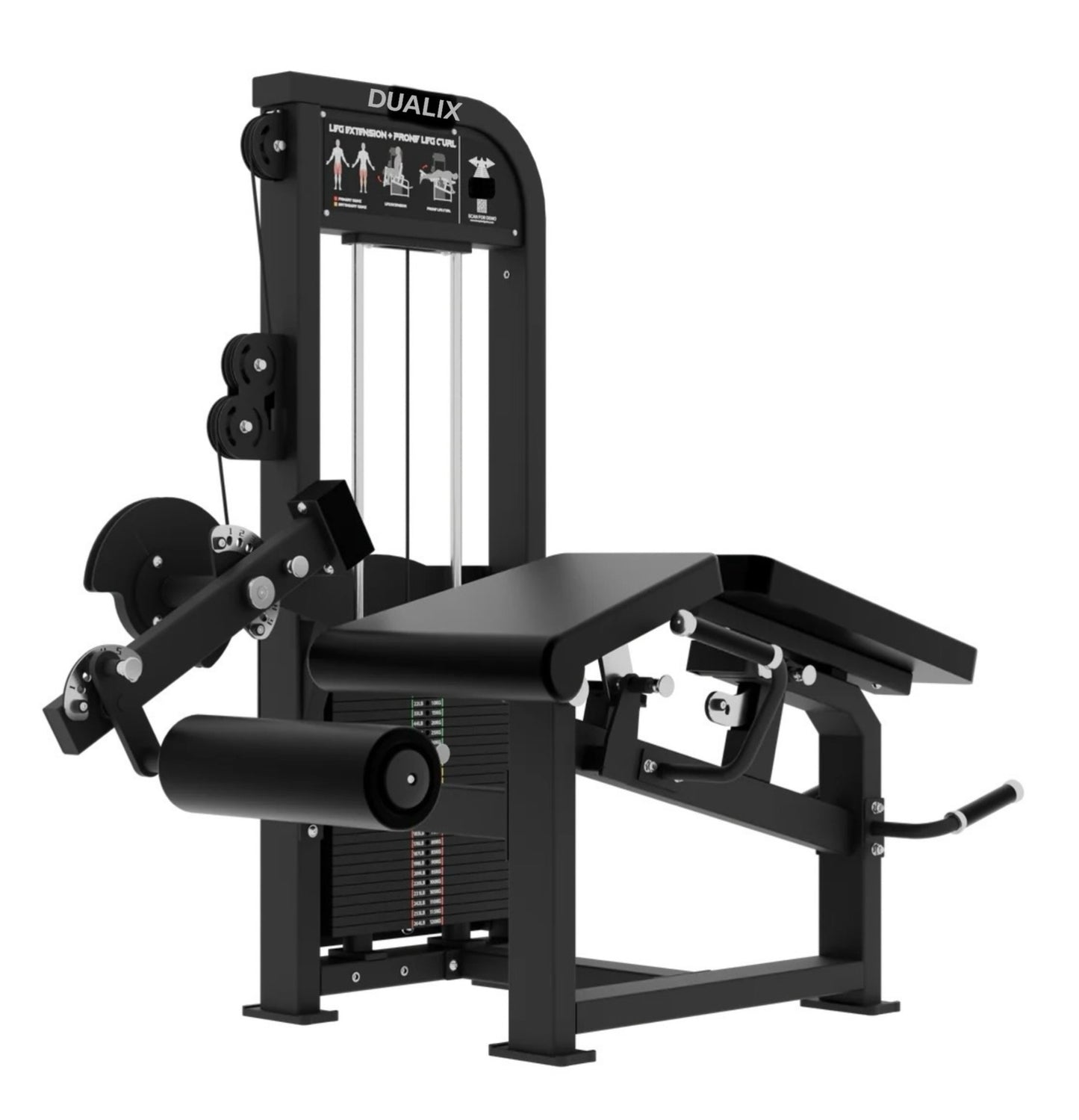 DUALIX Titan Dual Leg Extension en Lying Leg Curl – 120kg gewichtsblok – Zwart