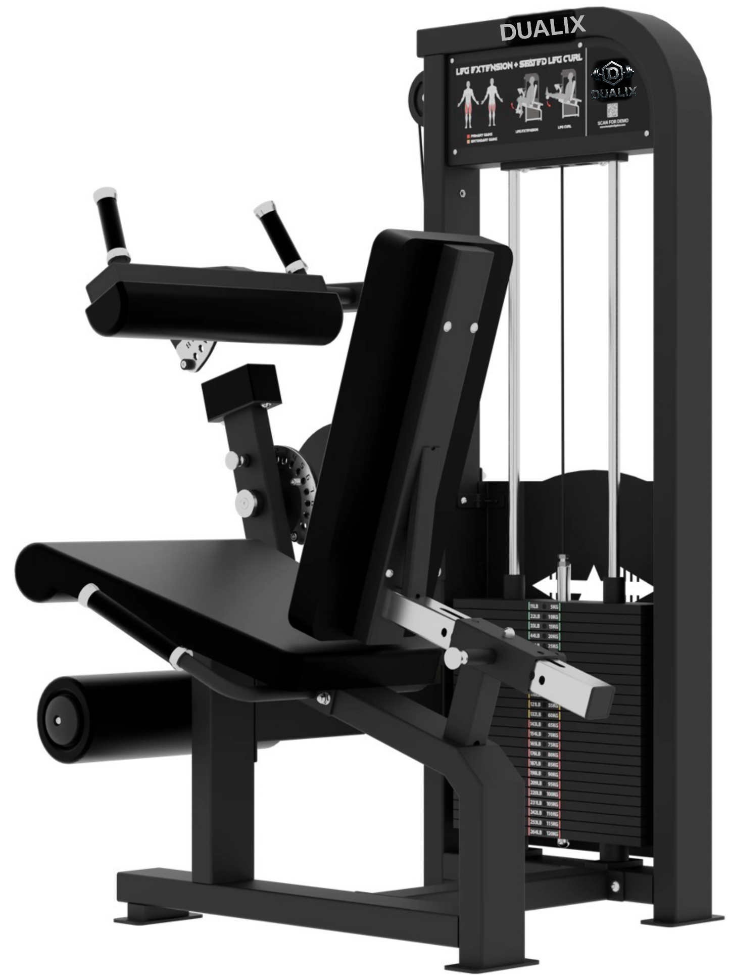 DUALIX Titan Dual Leg Extension en Leg Curl – 120kg gewichtsblok – Zwart