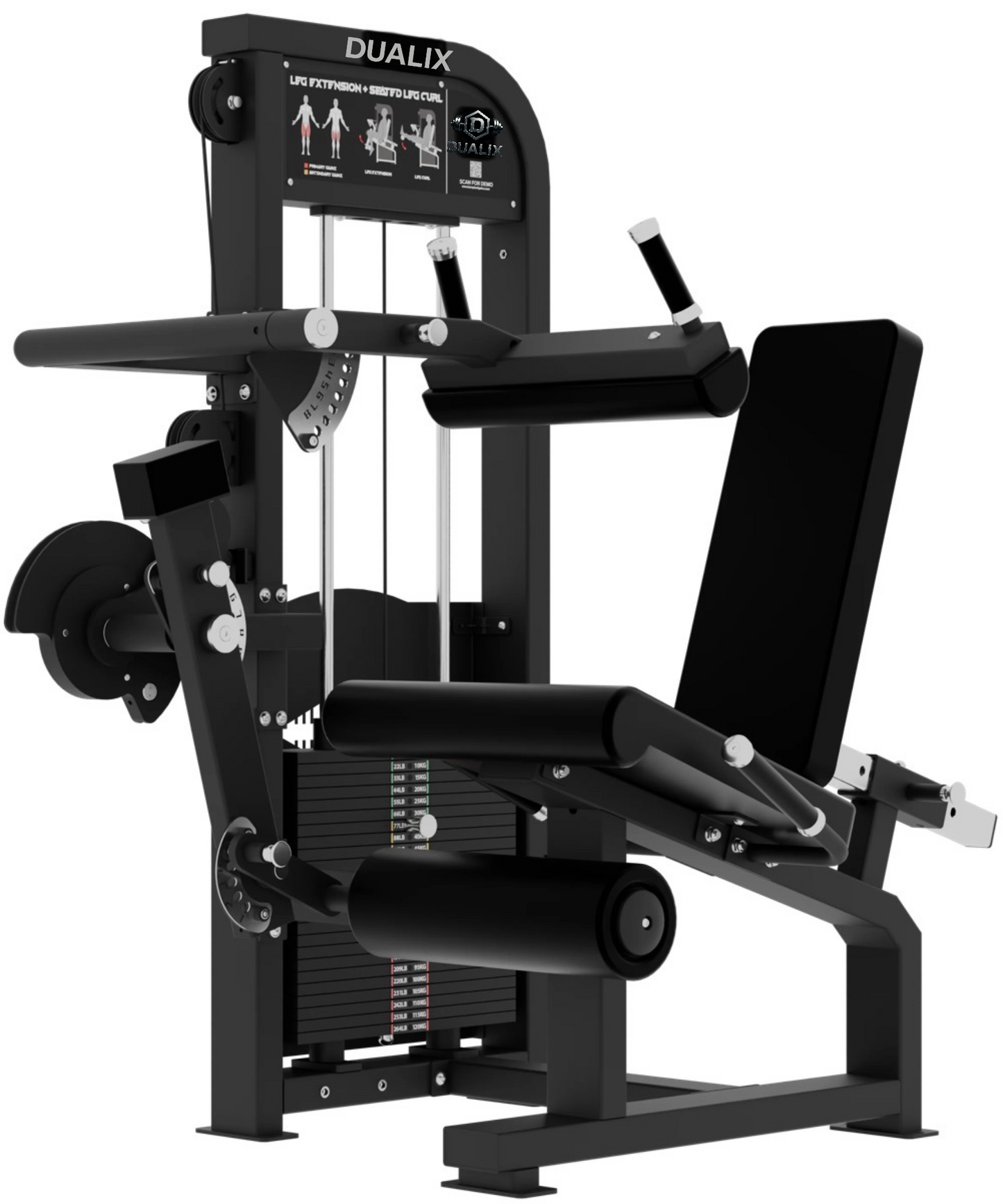 DUALIX Titan Dual Leg Extension en Leg Curl – 120kg gewichtsblok – Zwart