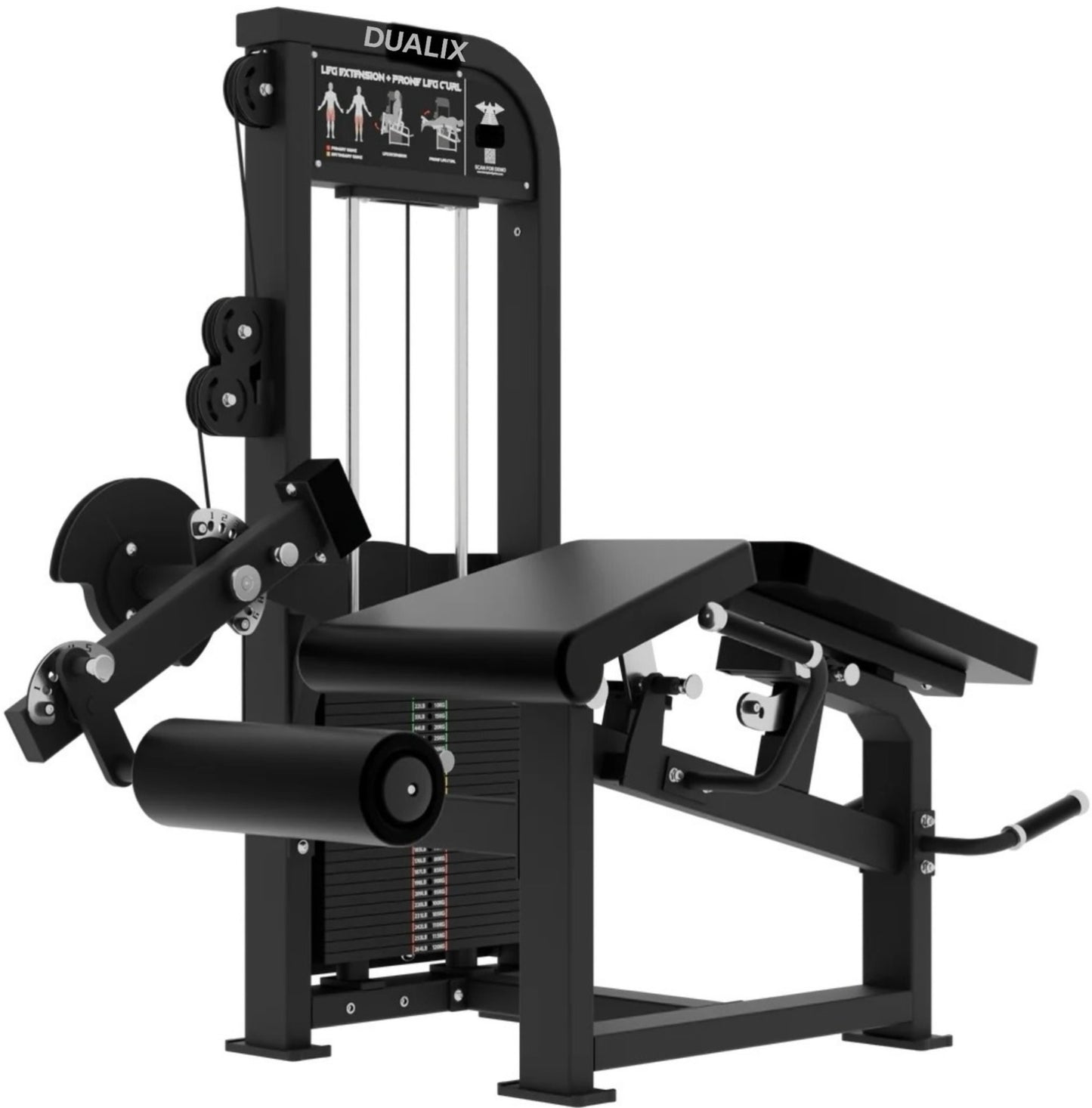 DUALIX Titan Dual Leg Extension en Lying Leg Curl – 120kg gewichtsblok – Zwart